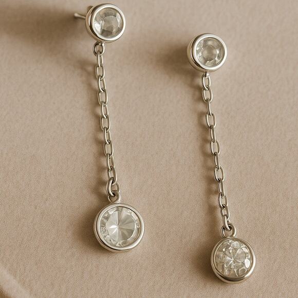 Sterling Silver CZ Earrings 1 Inch Minimalist Drop Clear Stone Dangles - Picture 1 of 10